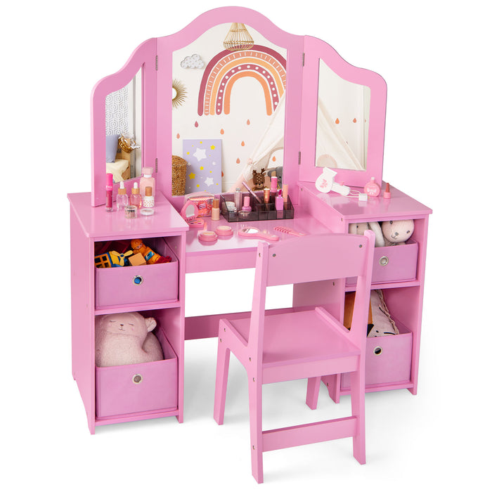 Kids Vanity Table and Chair Set with 3 Removable Mirrors and 4 Storage Bins for Children-