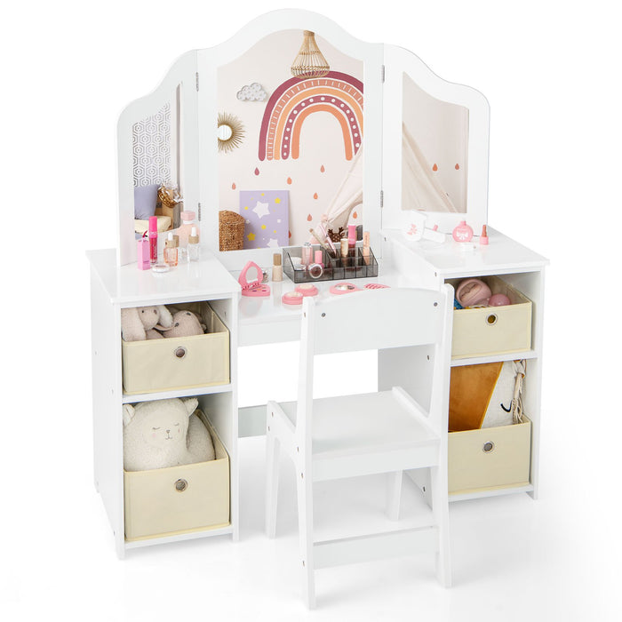 Kids Vanity Table and Chair Set with 3 Removable Mirrors and 4 Storage Bins for Children-