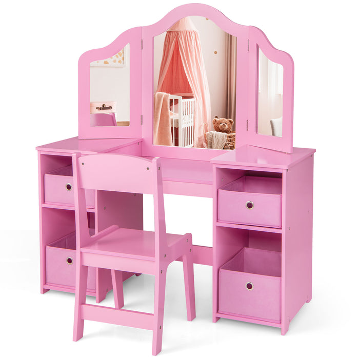 Kids Vanity Table and Chair Set with 3 Removable Mirrors and 4 Storage Bins for Children-