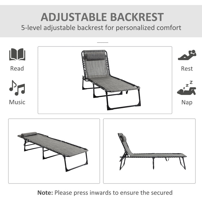 Folding Sun Lounger Duo Pack - Adjustable Reclining Outdoor Chair with Pillow and Side Pocket, Mixed Grey - Ideal for Patio, Garden, Beach, and Pool Relaxation