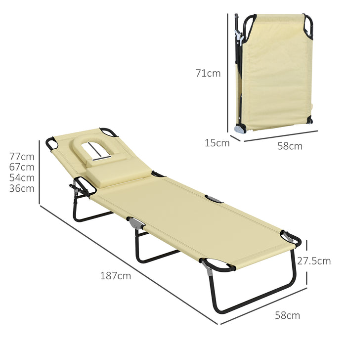 Foldable Beige Sun Lounger Set with Pillow - Adjustable Reclining Chair with 4-Level Backrest and Reading Hole - Perfect for Patio Relaxation and Sunbathing