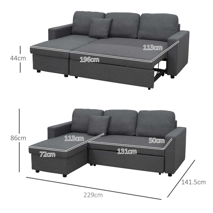 Convertible L-Shape Corner Sofa Bed with Storage - 3-Seater Dark Grey Pull-Out Couch with Reversible Chaise Lounge - Space-Saving Furniture for Living Rooms