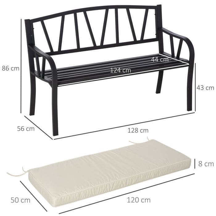 Metal Loveseat - Cushioned 2-Seater Garden Bench with Slatted Design and Decorative Backrest - Cozy Outdoor Seating for Parks and Patios in Cream White