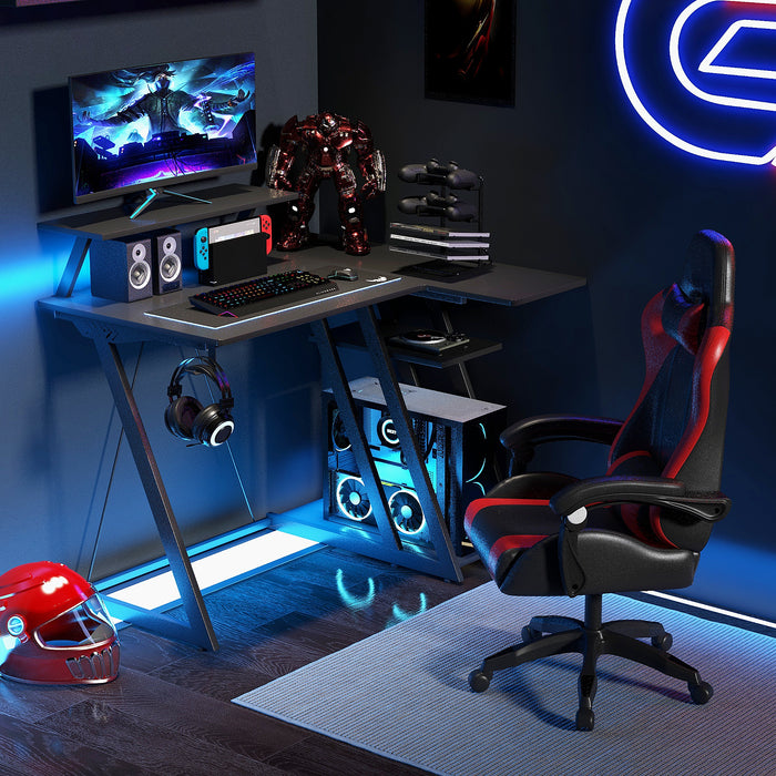 Gaming Station Desk - L-Shaped Design with Utility Monitor Shelf and Integrated USB Ports and Outlets - Ideal for Gamers and Multi-Monitor Setups