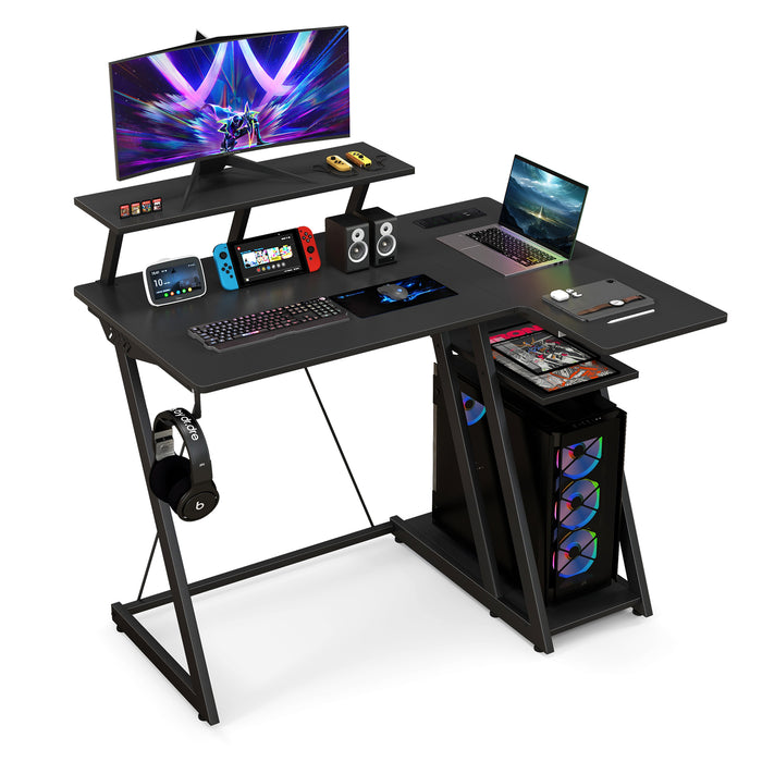 Gaming Station Desk - L-Shaped Design with Utility Monitor Shelf and Integrated USB Ports and Outlets - Ideal for Gamers and Multi-Monitor Setups