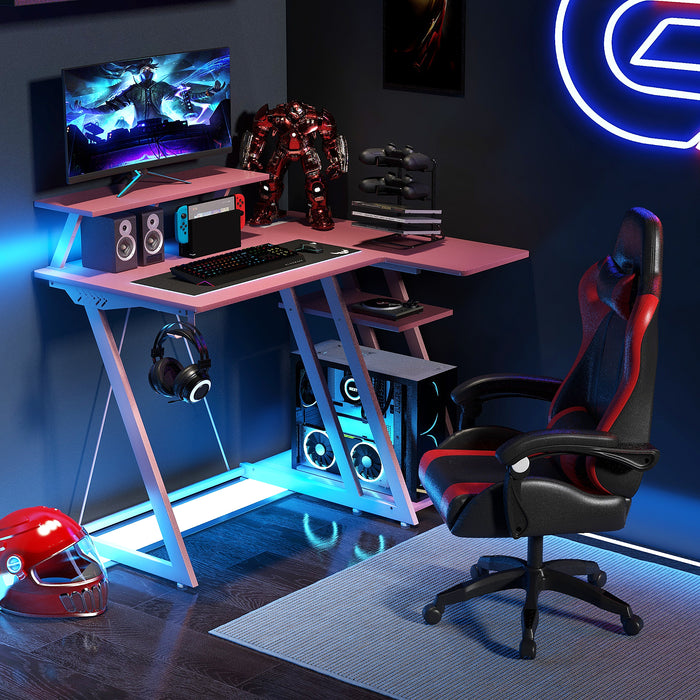 Gaming Station Desk - L-Shaped Design with Utility Monitor Shelf and Integrated USB Ports and Outlets - Ideal for Gamers and Multi-Monitor Setups