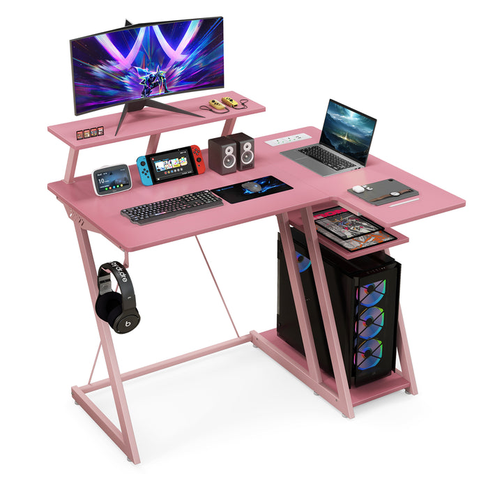 Gaming Station Desk - L-Shaped Design with Utility Monitor Shelf and Integrated USB Ports and Outlets - Ideal for Gamers and Multi-Monitor Setups