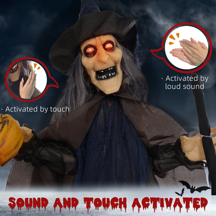 75" Sound-Activated Witch with Broomstick - Outdoor Halloween Animatronic Decoration with Light-Up Eyes and Spooky Sound Effects - Perfect for Haunted House Attractions and Festive Yard Displays