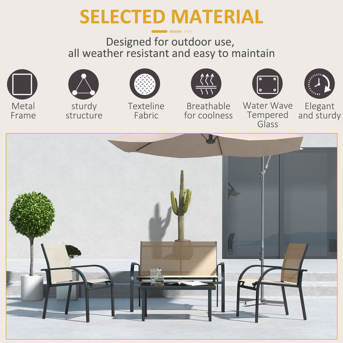 Curved Steel 4-Piece Patio Set - Loveseat, Texteline Chairs, Glass-Top Table for Garden & Balcony - Ideal for Family Gatherings & Entertaining Guests, Beige