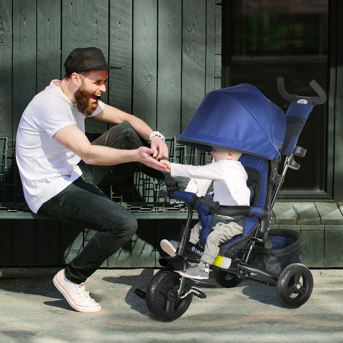 4-in-1 Convertible Children's Tricycle - Blue Push Bike with Canopy, Safety Features & Storage - Ideal for Ages 1-5 with Push Handle & Footrest