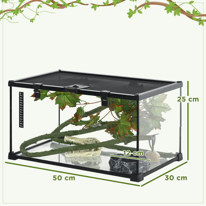 Reptile Habitat Starter Kit - Glass Terrarium with Heating and Decor, 50x30x25cm - Ideal for Small Animal Breeding & Comfort