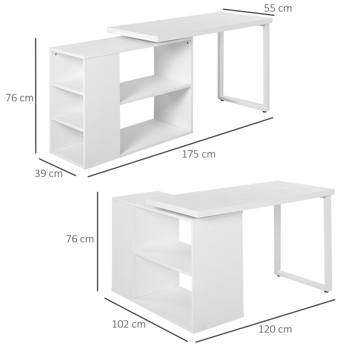 L-Shaped Corner Workstation - Rotating Storage Shelf and Large Computer Desk with White Wood Grain Finish - Ideal for Home Office and Efficient Space Use