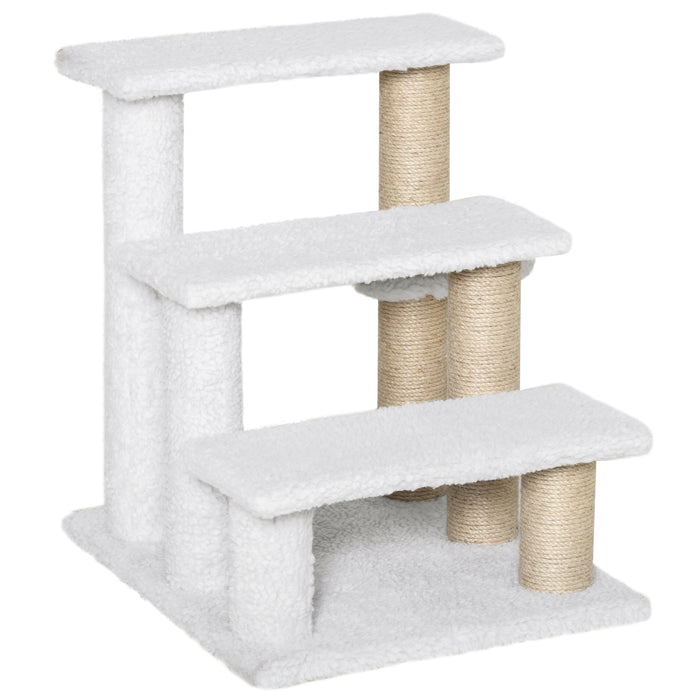 3-Step Pet Staircase with Scratching Posts and Play Platforms - Climbing Ladder with Toy Ball for Interactive Play - Perfect for Aging Cats and Kittens, White