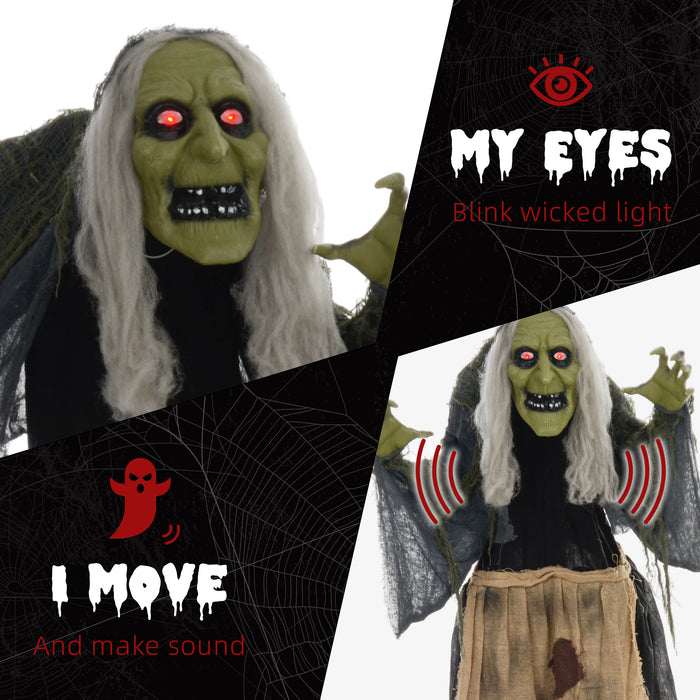 Aosom UK 63" Witch Animatronic - Sound-Activated Halloween Decoration with Light-Up Eyes & Spooky Sound Effects - Ideal Animated Prop for Haunted House Scenarios