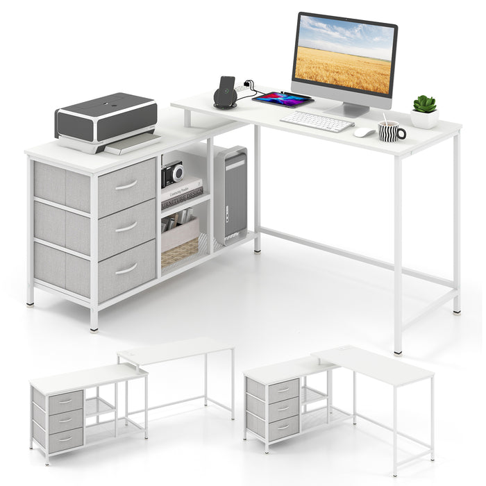 L-Shaped Desk for Computers - Includes Shelves, Drawers, and Built-in Charging Station - Perfect for Home Office or Student Workstations