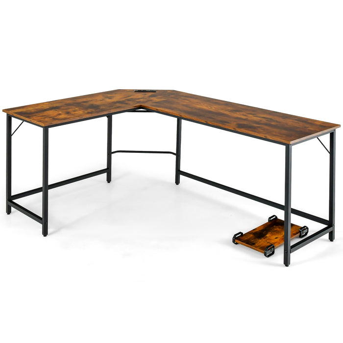 Rustic Brown L-Shaped Desk with CPU Stand - Power Outlet & Heavy-Duty Metal Frame Feature - Ideal for Office and Small Spaces