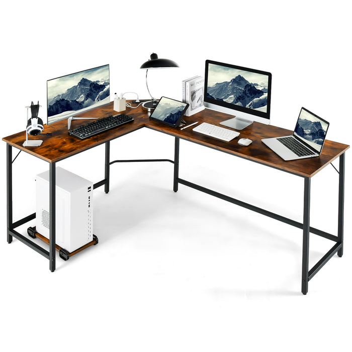 Rustic Brown L-Shaped Desk with CPU Stand - Power Outlet & Heavy-Duty Metal Frame Feature - Ideal for Office and Small Spaces