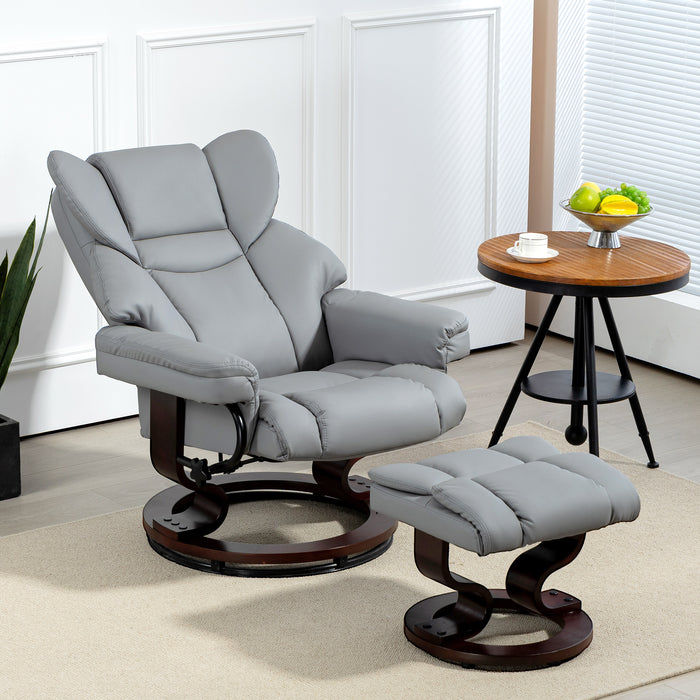 Faux Leather Swivel Recliner Chair with Matching Footstool - Adjustable Backrest, Upholstered Lounge Armchair - Comfortable Seating Solution for Living Room in Light Grey