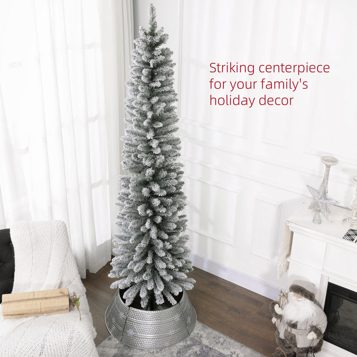 7ft Snow Flocked Pencil Christmas Tree - 405 Realistic Tips with Sturdy Metal Base - Space-Saving Design for Holiday Decor