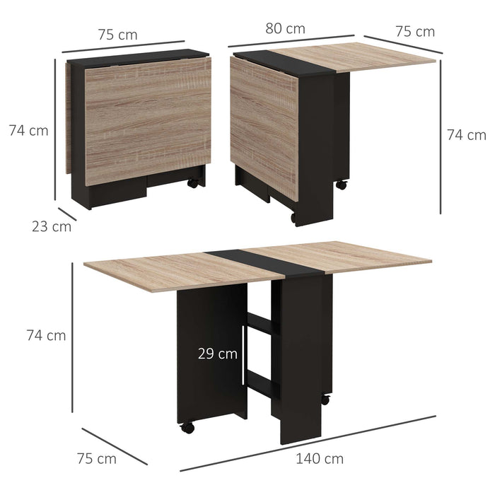 Space-Saving Folding Dining Table - Drop-Leaf Design with 2-Tier Storage Shelves and Rolling Casters - Ideal for Small Apartments, Compact Kitchen Furniture