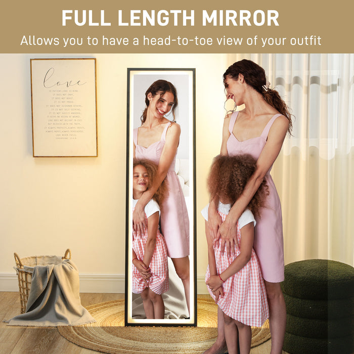 HOMCOM Full Length Mirror with LED Lights, 150 x 40cm Free Standing Mirror with Dimming and 3 Colour Lighting, Leaning or Wall Mirror with Metal Frame for Living Room, Bedroom, Black