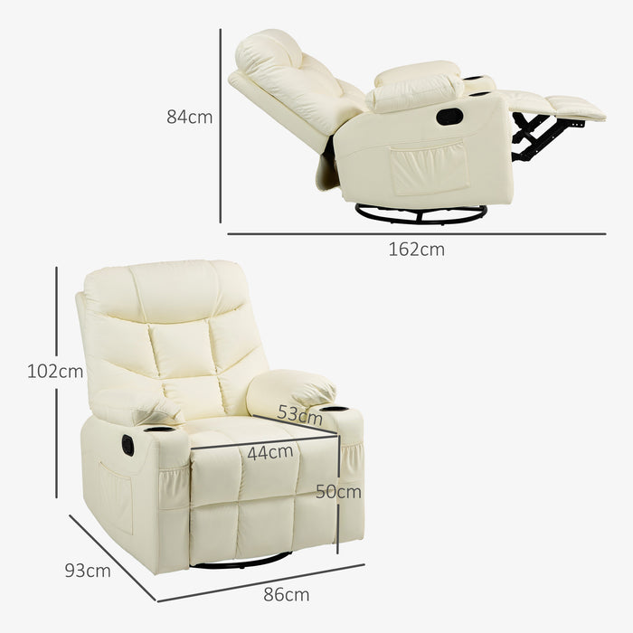 Manual Swivel Recliner Armchair - Comfortable Faux Leather with Footrest and Cup Holders - Ideal for Relaxation and Lounging, Cream, 86x93x102cm