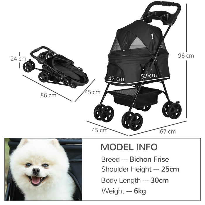 Foldable Pet Stroller for Cats & Dogs - 4-Wheeled Travel Carriage with Adjustable Canopy & Safety Features - Includes Storage Basket and Cup Holder for Pet Parents on the Go