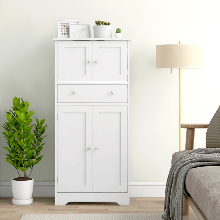 Modern Freestanding Kitchen Storage Cabinet - Elegant White Cupboard with Doors, Shelves & Drawer - Space-Saving Design for Kitchen Organization