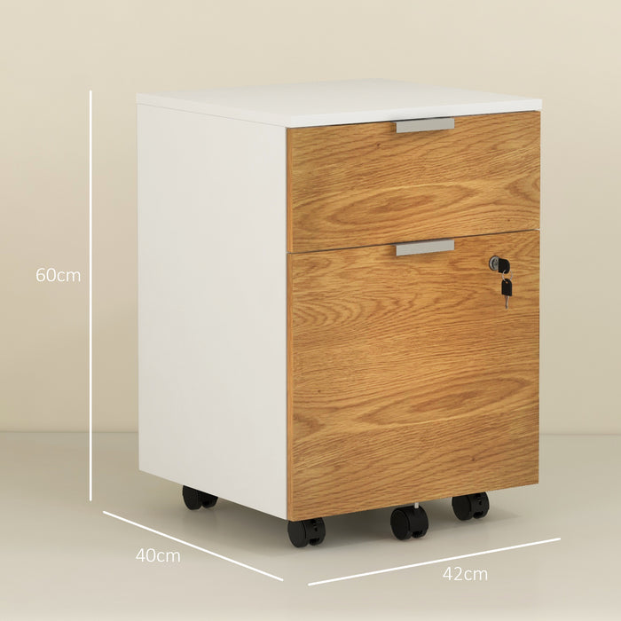 Mobile Filing Cabinet with Lock & Wheels - 2 Drawer Storage, Adjustable Hanging Bars for A4/Letter Size - Space-Saving Under Desk Office Organizer in White & Natural Wood Finish