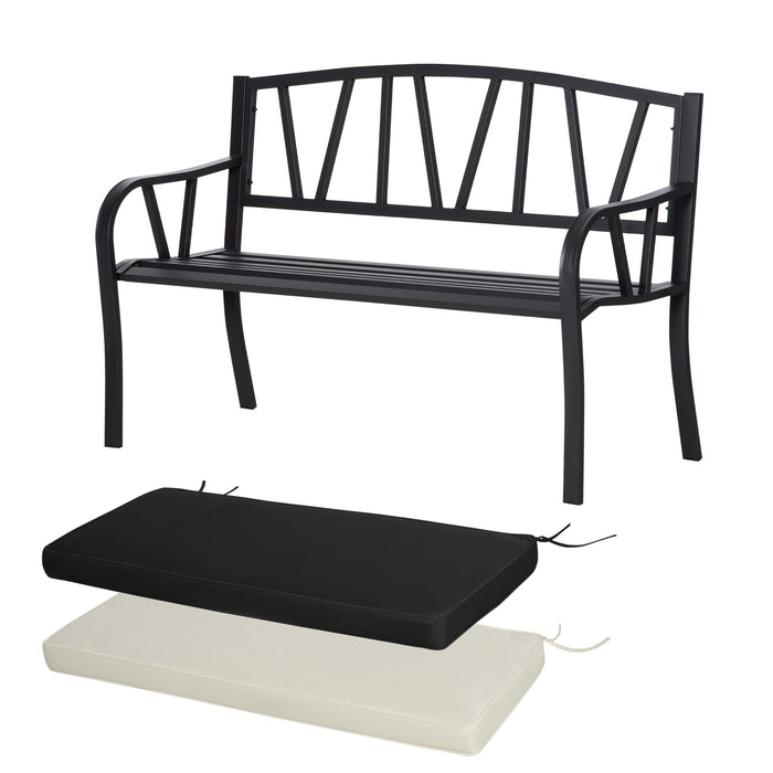 Metal Loveseat Garden Bench - Slatted 2-Seater with Decorative Backrest and Cushions - Ideal for Parks and Outdoor Relaxation in Cream White and Black