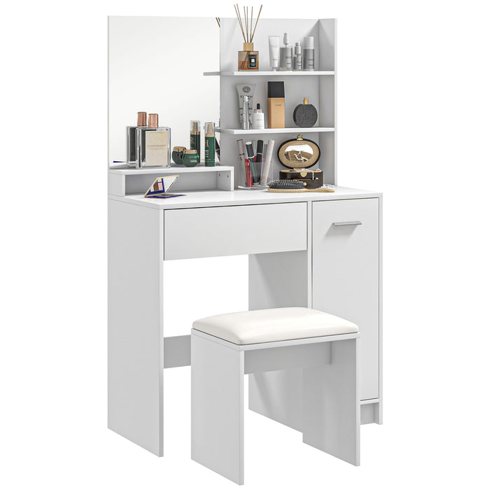 Vanity Makeup Desk with Mirror and Stool - Modern Bedroom Dressing Table with Drawer, Storage Cabinet, and Adjustable Shelf - Elegant White Furniture for Personal Grooming Space