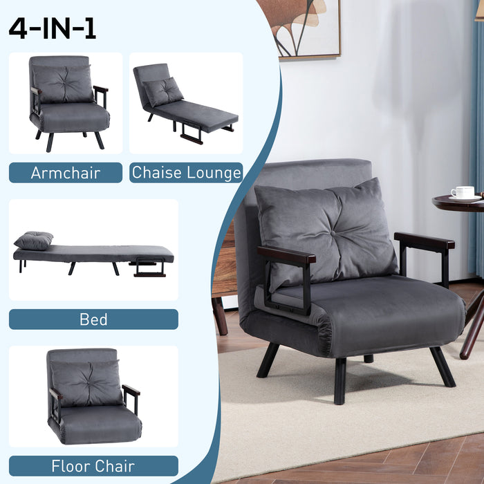 Convertible 4-in-1 Velvet Chair Bed with Pillow - Luxurious Charcoal Grey Finish - Space-Saving Furniture Ideal for Guests and Small Apartments