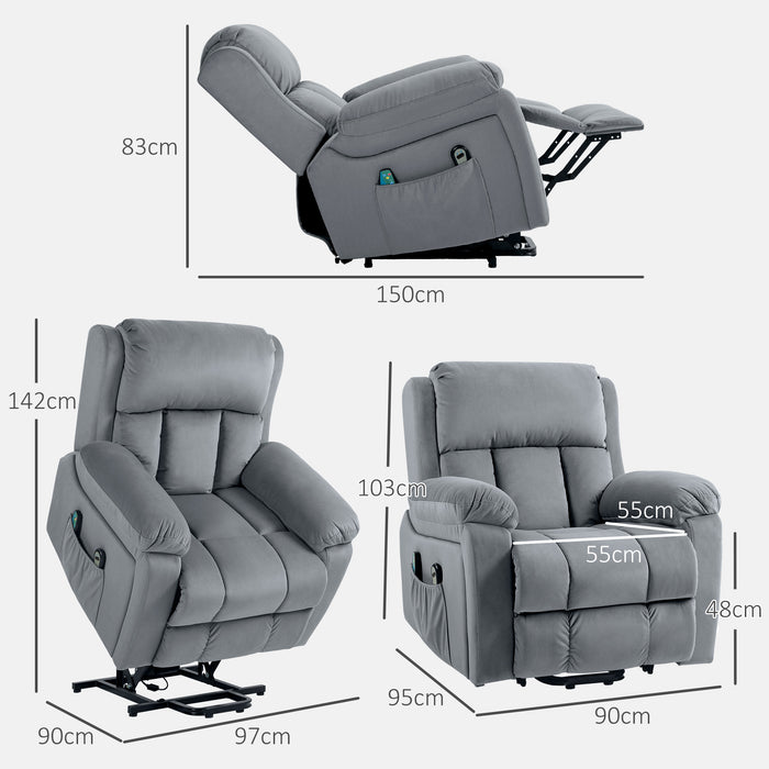 Power Lift Riser Recliner - Vibrating Massage, Heated Seating, Storage Pocket, Elegant Grey - Ideal for Elderly and Comfort Seekers