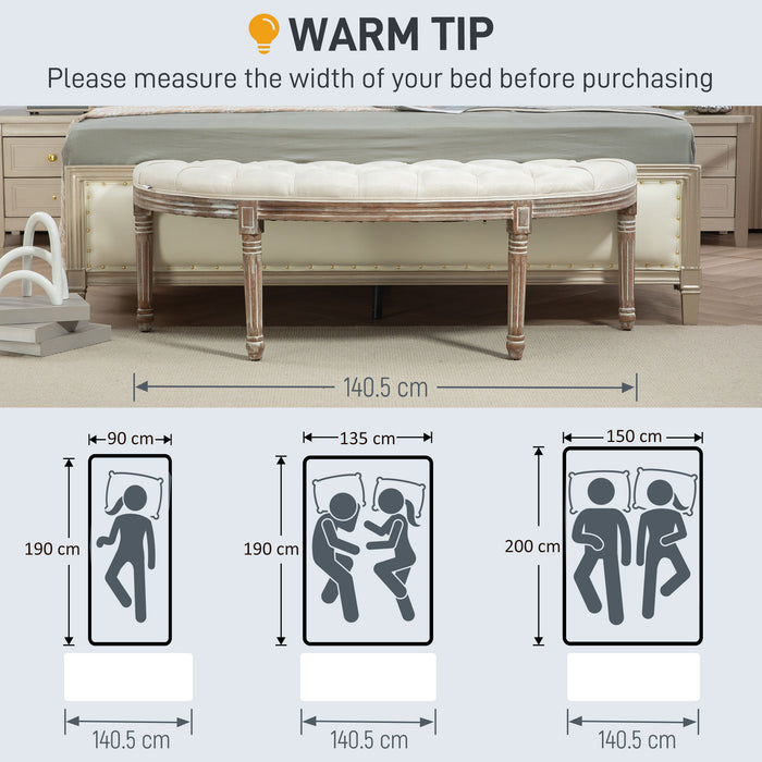 Padded Half Circle Bedroom Bench - Cream White, Elegant End of Bed Seating - Ideal for Master Suite & Guest Room Decor