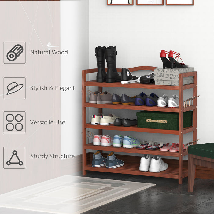 5-Tier Acacia Wooden Shoe Rack - Entryway and Living Room Shoe Storage Organizer with Hangers, 84 x 26 x 82 cm, Teak Finish - Accommodates Up to 24 Pairs of Shoes