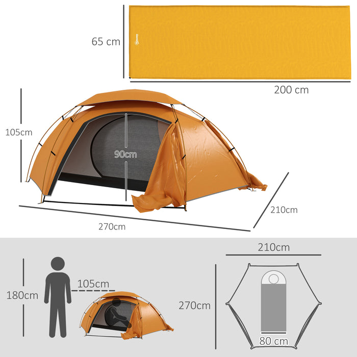 Outsunny Camping Tent with Self Inflatable Mattress, 1 Person Dome Tent with Removable Rainfly and Aluminium Frame, 2000mm Waterproof, Portable with Bags, for Fishing Hiking, Orange/Khaki