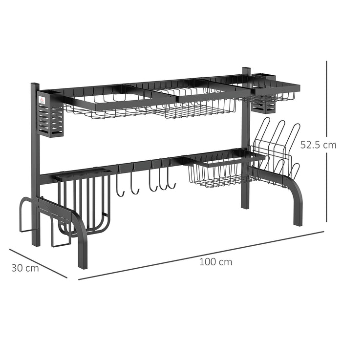 HOMCOM 100cm Over The Sink Dish Drainer Rack, 2 Tier Dish Rack for Kitchen Counter, Space Saving Dish Drying Rack, Black | Aosom UK