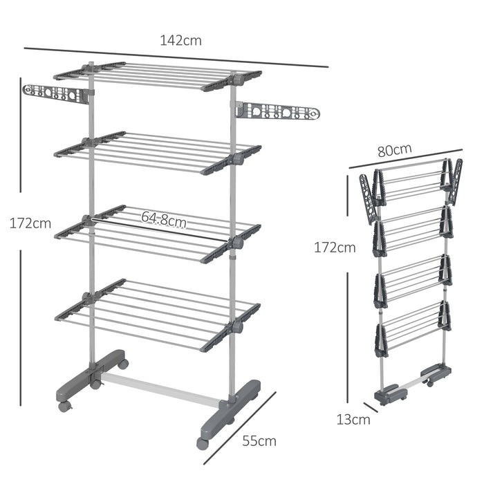 4-Tier Clothes Airer with Wheels and Wings - Foldable, Stainless Steel Indoor/Outdoor Clothes Drying Rack - Space-Saving Design for Easy Laundry Management