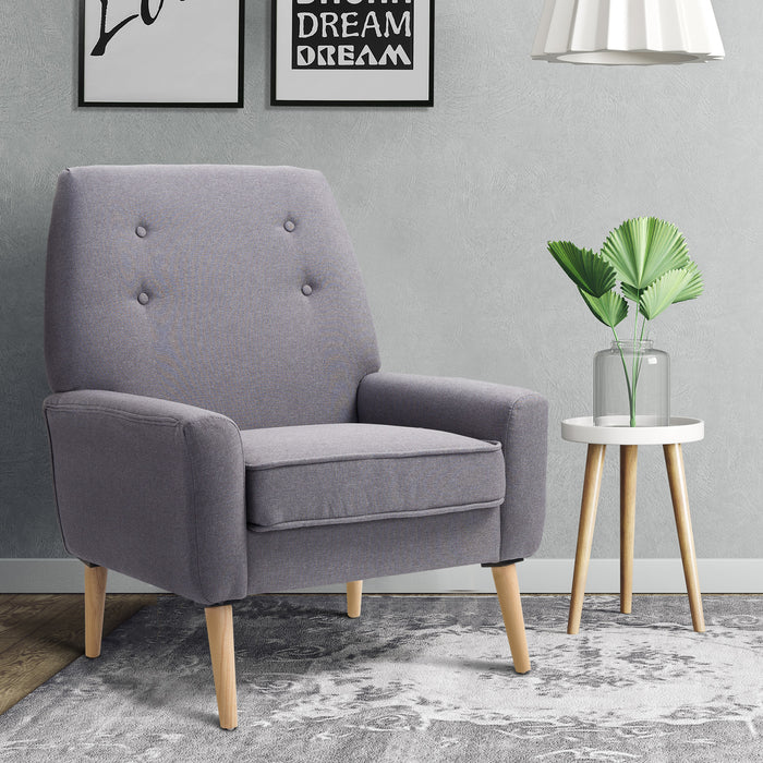 Nordic Padded Wooden Armchair - Single Cushion with Button Tufted Seat and Sponge Padding - Ideal for Scandinavian-Styled Living Room or Bedroom Comfort