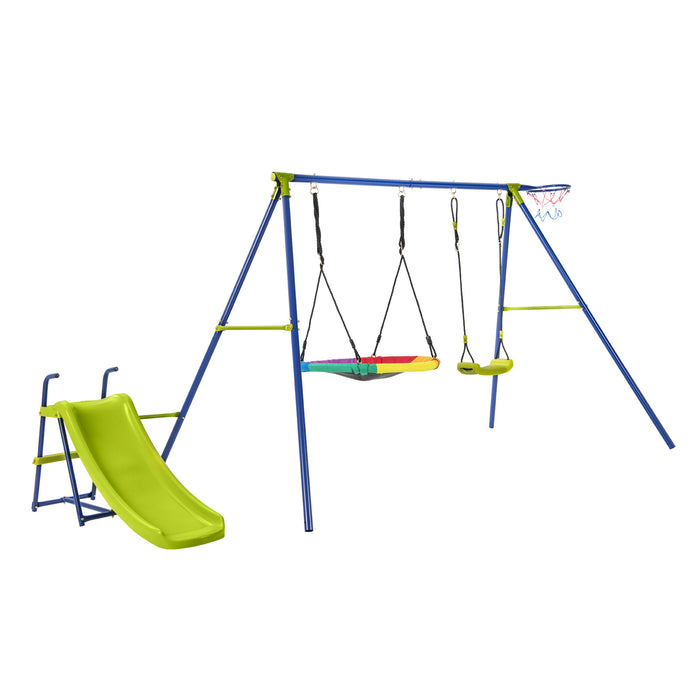 Heavy-Duty Metal 4-in-1 Playset - Swing Set, Slide and Basketball Hoop Included - Ideal Outdoor Fun for Kids