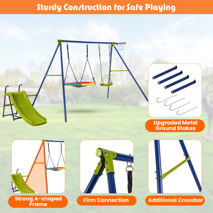 Heavy-Duty Metal 4-in-1 Playset - Swing Set, Slide and Basketball Hoop Included - Ideal Outdoor Fun for Kids