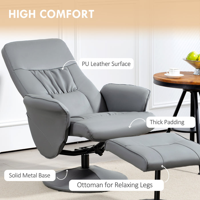 Swivel Recliner Chair & Ottoman Set - PU Leather High Back Armchair with Round Base, Light Grey - Comfortable Seating Solution for Living Room