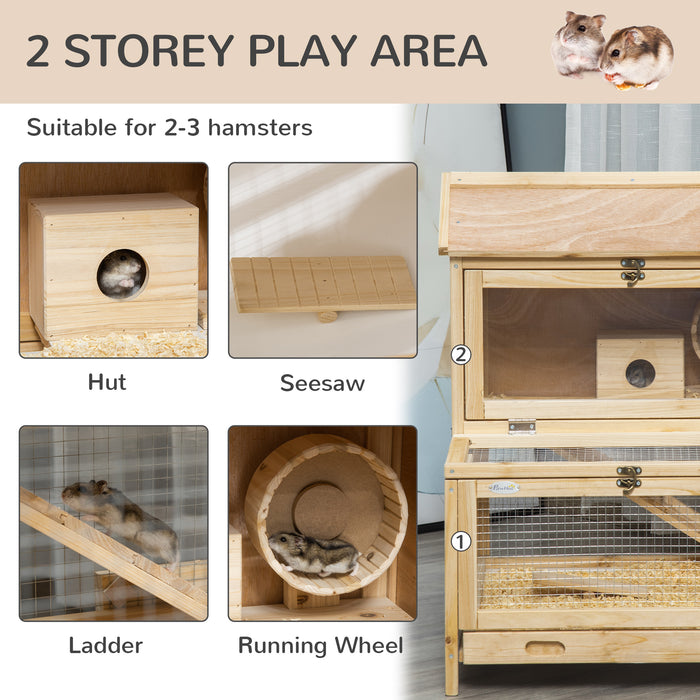 Premium Wooden Hamster Cage with Exercise Play House - Double Layer, Sliding Tray, Seesaw, Running Wheel for Mice and Small Rodents - Ideal Pet Habitat for Play and Comfort