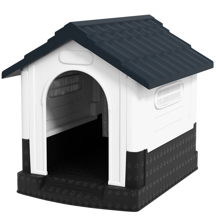 Durable Plastic Canine House with Viewing Windows - Outdoor Dog Kennel for Patio Use, Ideal for Mini and Small Breed Dogs - Weather-Resistant Grey Shelter, 80x69x76cm