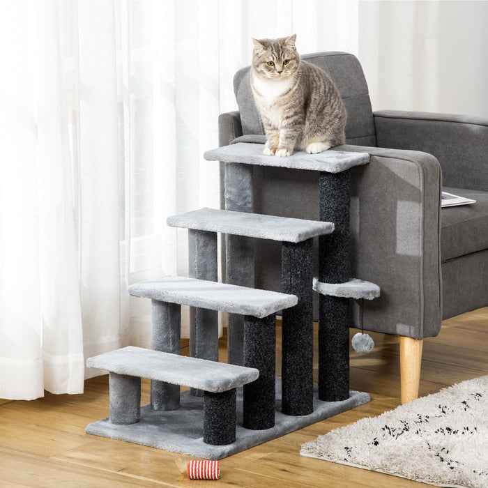 4-Step Pet Stairs with Built-In Scratching Posts - Multi-Level Platforms & Playful Toy Ball - Ideal for Cats Climbing, Scratching, and Playtime