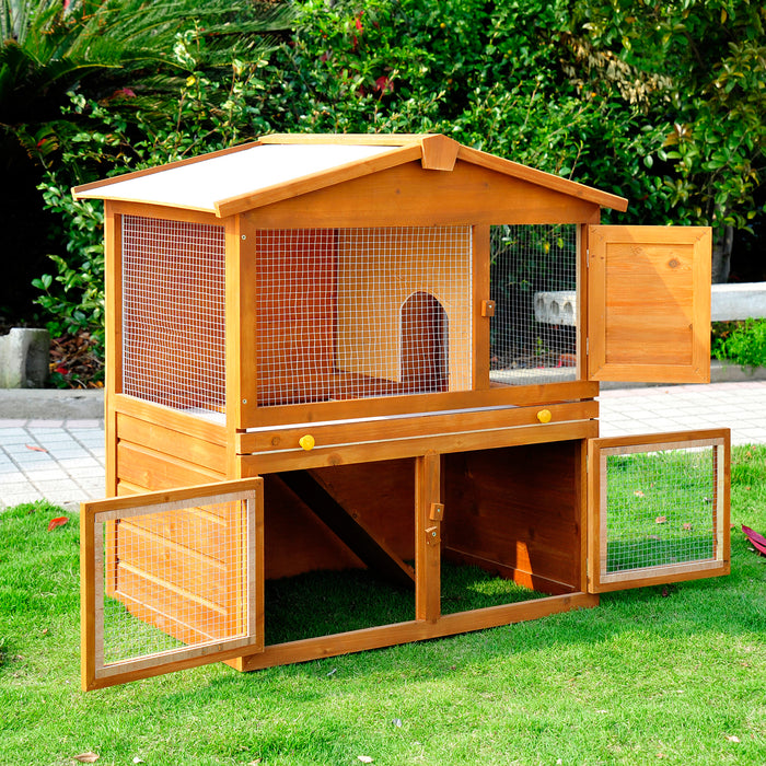 2-Tier Wooden Rabbit Hutch with Run Ramp - Spacious Guinea Pig & Ferret Cage Coop with Sliding Tray, 94x97x61cm - Ideal Pet Shelter for Bunnies and Small Animals