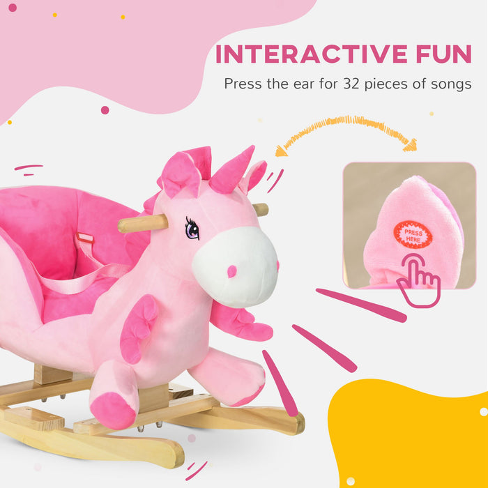 Ride-On Unicorn Rocking Horse - Wooden Rocker with Safety Seat Belt and Musical Features for Toddlers - Ideal for 18-36 Month Old Children