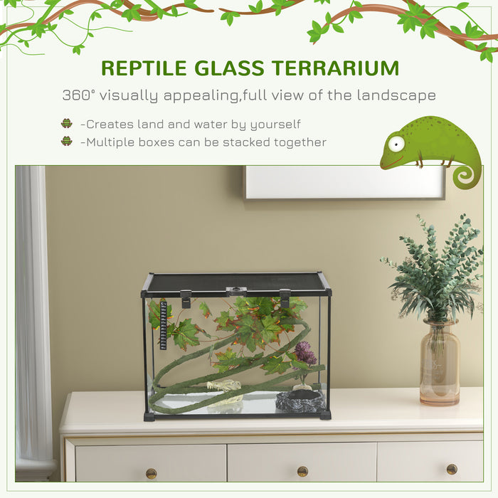 Reptile Habitat Terrarium Set - Glass Enclosure with Decor Kit and Built-in Thermometer, 50cm x 30cm x 35cm - Perfect for Breeding Small Animals, Heated Design in Sleek Black