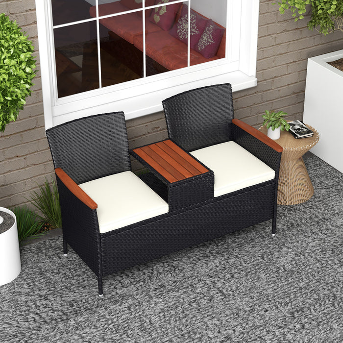 Rattan Two-Seater Loveseat with Integrated Wood-Top Table - Elegant Black Finish - Perfect for Couples or Small Patios