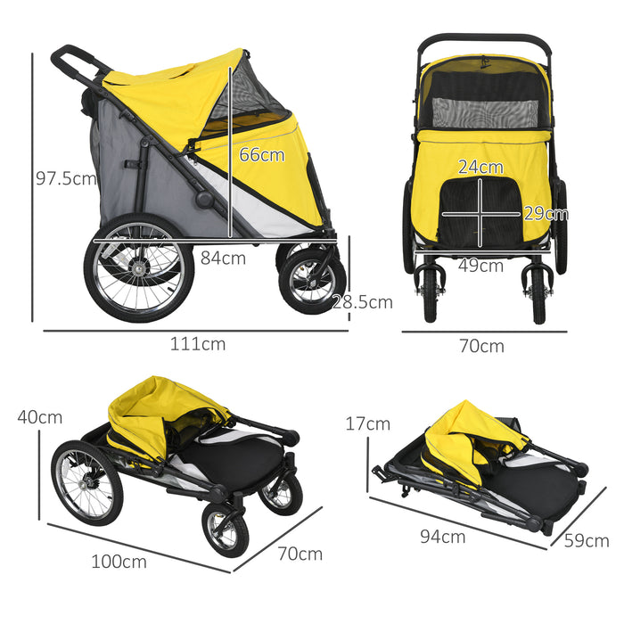 Foldable Canine & Feline Cart - Washable Cushion, Storage Bags & Safety Leash Features - Ideal for Medium to Large Pets on the Go, Vibrant Yellow